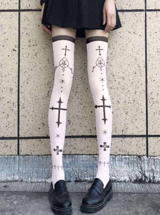 Gothic Cross Print Knee-High Socks