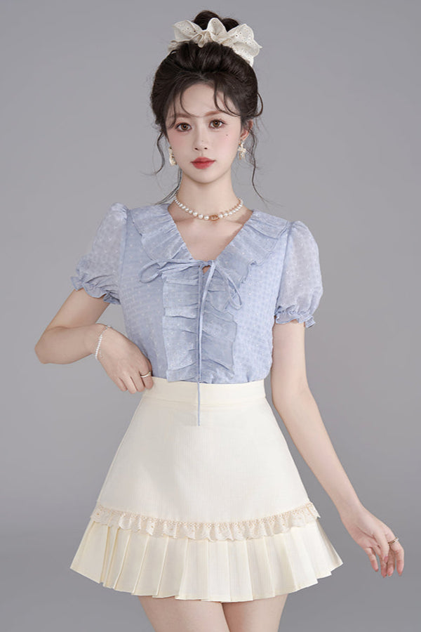 French V-Neck Ruffle Blouse + Ruffle Skirt