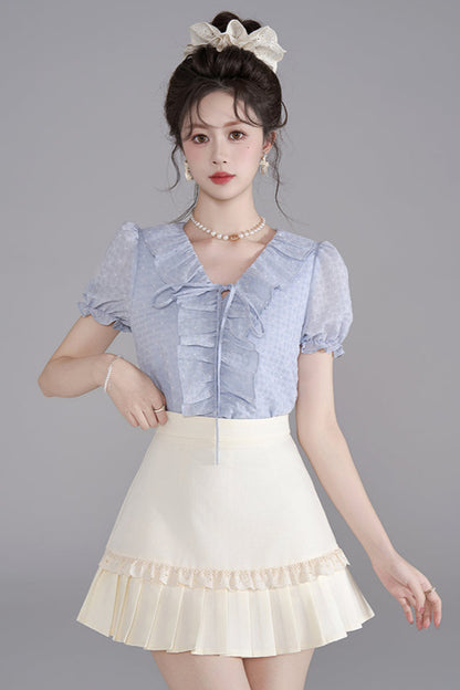 French V-Neck Ruffle Blouse + Ruffle Skirt