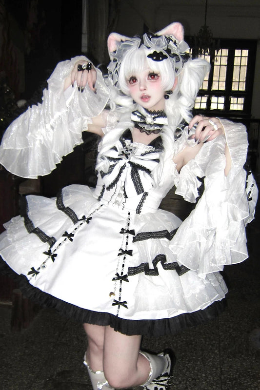 【10月28日予約締切】Black and White Ghost Cat Gothic Lolita Flutter Sleeve Cat Ear Ribbon Tiered Dress Complete Set (Detachable Princess Sleeves + Cat Ear Headband + Necklace )