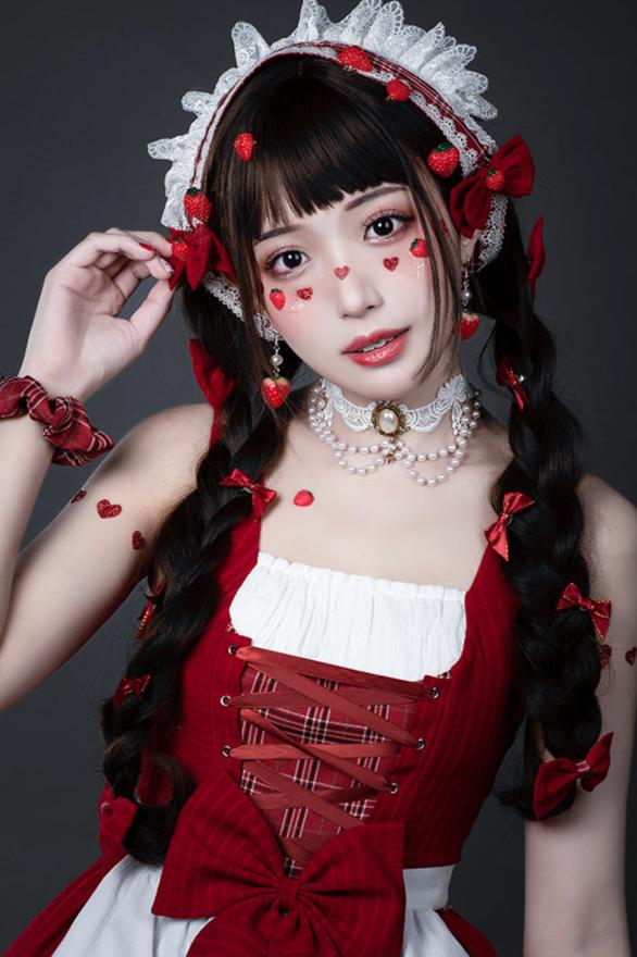 [Reservation product]Sweet Red Check Ribbon Dress [Little Red Riding Hood Outfit]