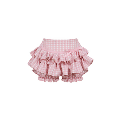 ミントコーンブルーリーリボン+ピンクチェックケーキスカート
