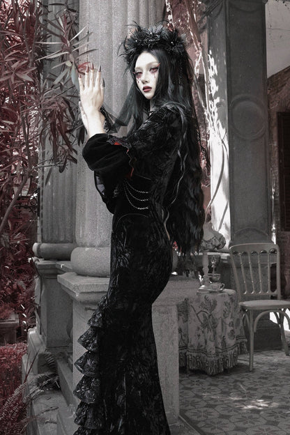 Thriller Crimson Gothic Velvet Mermaid Dress + Gloves