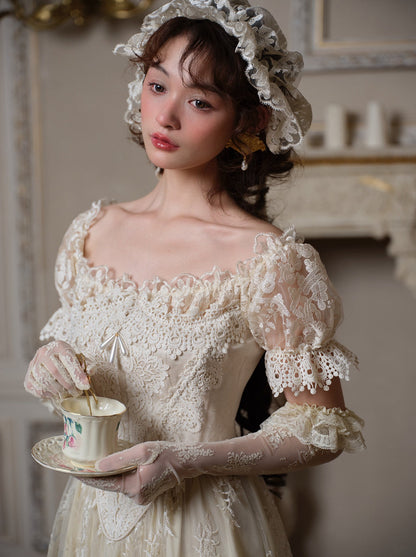 Retro Lace Puff Sleeve Long Dress + Lace Gloves