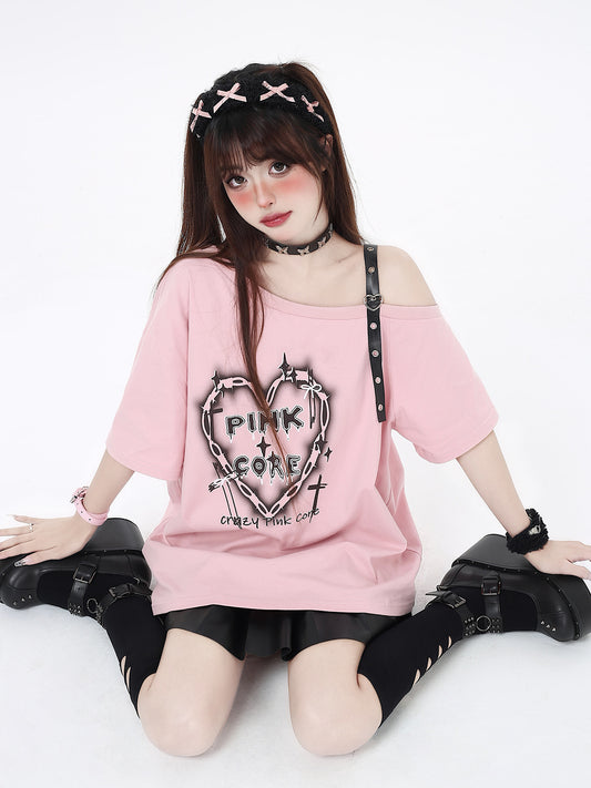 Subculture Punk Dark Leather Buckle Loose Heart T-Shirt