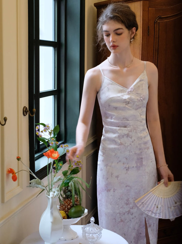 Purple Retro Flower China Dress + Sheer Cardigan