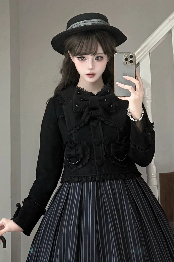 【10月17日予約締切】Brown/Black Sweet Lolita Pearl Bow Lace Short Coat