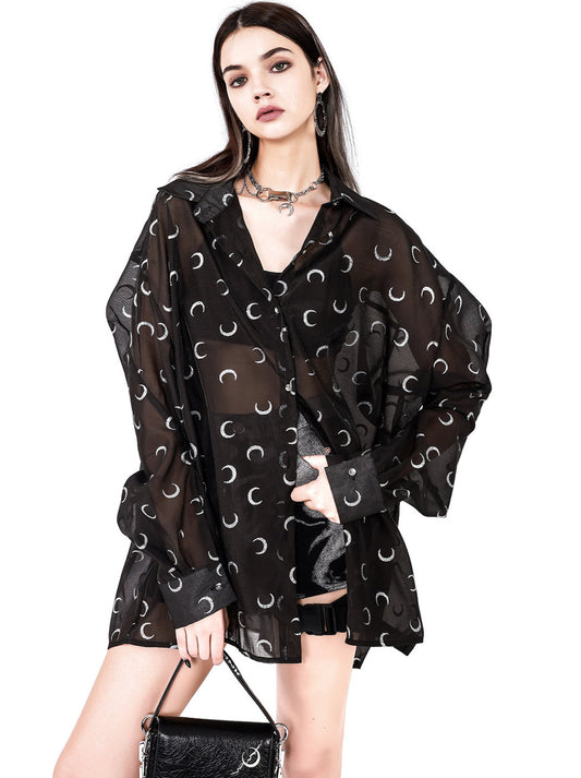 Glitter Moon Design Sheer Loose Shirt