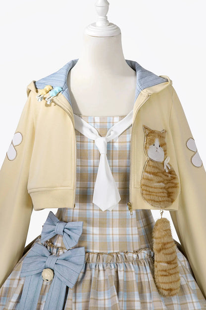 【10月27日予約締切】Yellow &amp; Blue Cat Motif&nbsp; Long-Sleeve Cropped Zip-Up Hoodie + Check Ribbon Sleeveless Dress Set with Fur Cat Tail Decoration