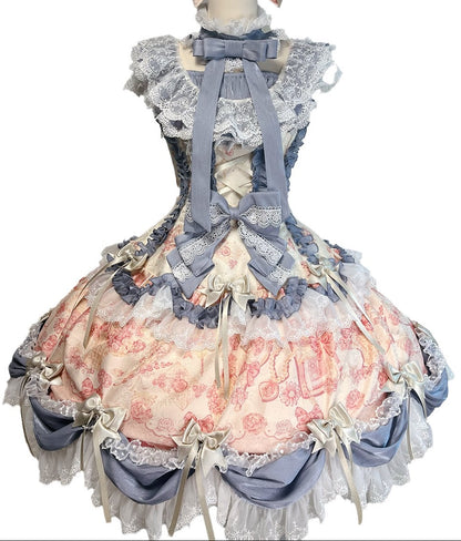 [Date limite de précommande 9/28] Ensemble robe + KC à imprimé floral Alice lolita classique, gris argenté x rouge / rose x bleu, à volants et rubans