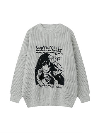 Girl Print Loose Pullover Knit Sweater