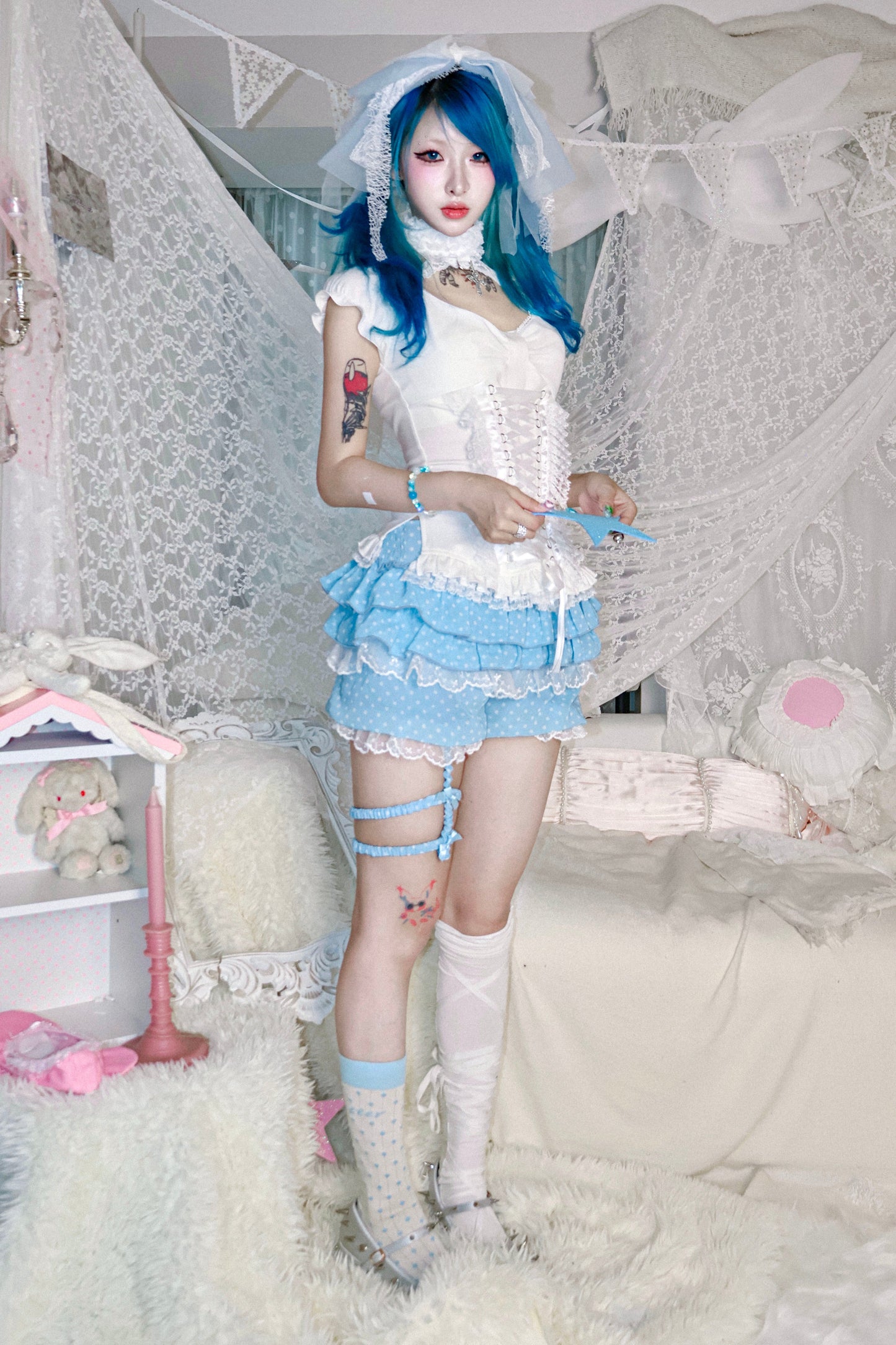 Y2Kドットレースレッグループ付きパンツ