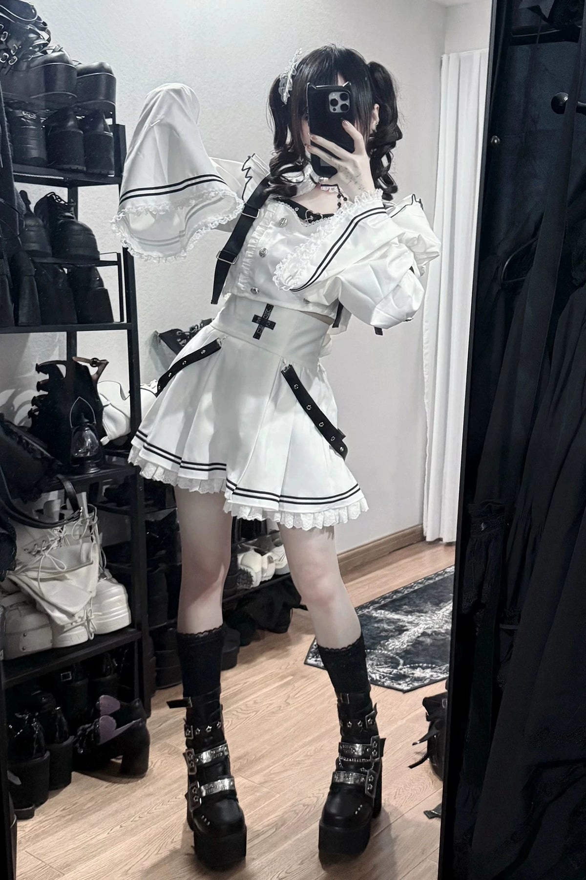 [Pre-order Deadline: November 15] White and Black Gothic Choker-Neck Bell-Sleeve Frilled Crop Top with Buckle Strap + Medical Cross Strap Skirt