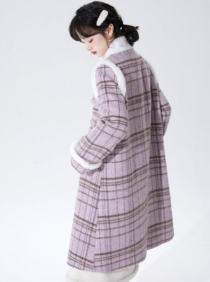 Purple Horn Button Check Stand Collar Wool Coat