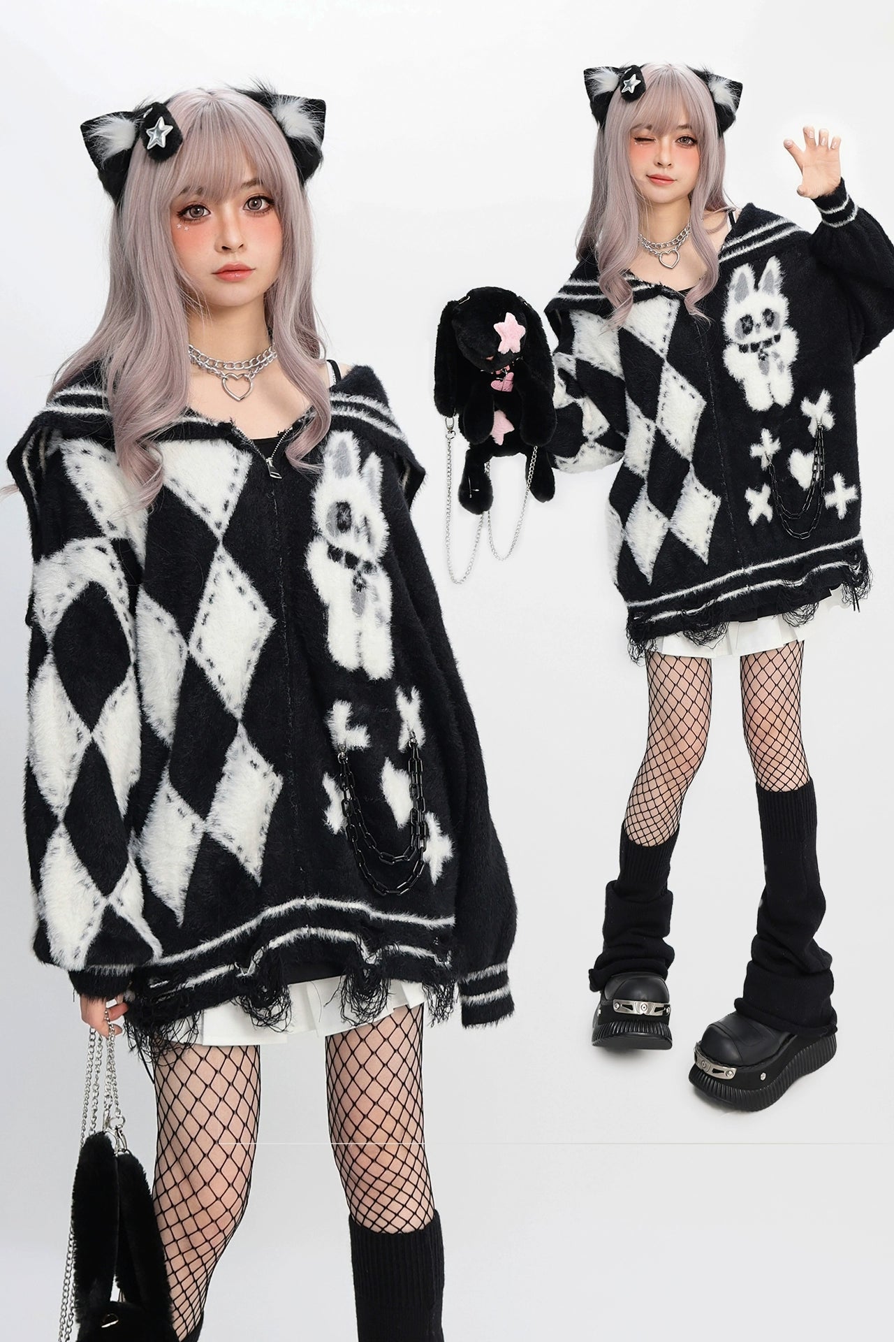 Sailor Argyle Rabbit Zip Cardigan