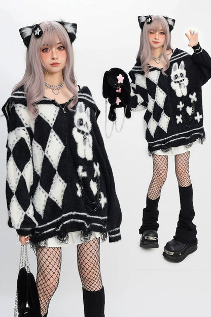 Sailor Argyle Rabbit Zip Cardigan