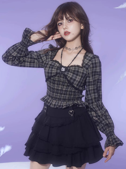 レトロチェックホルターネックバブルロングスリーブトップス