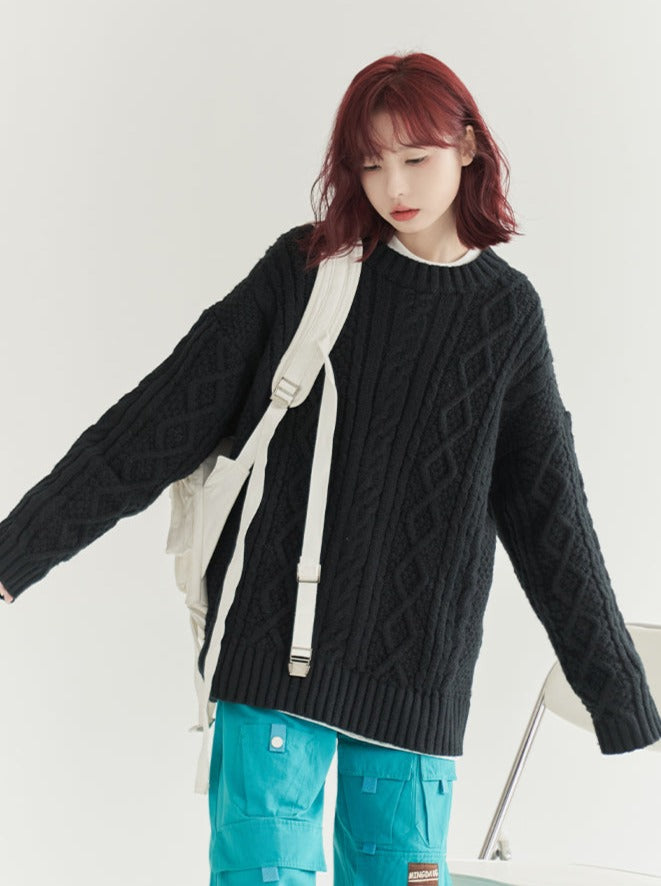 Twist Pattern Round Neck Sweater Loose Top