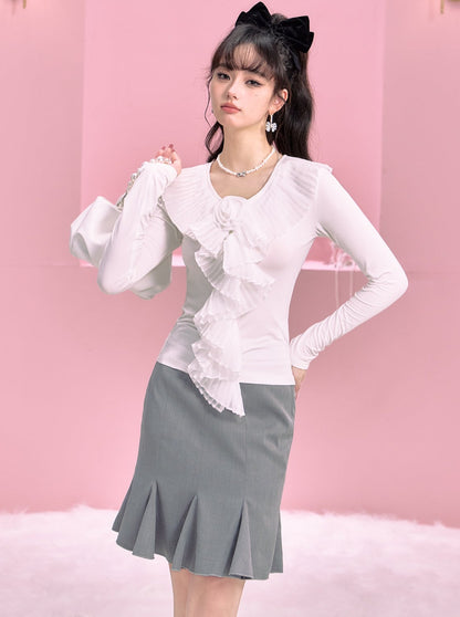 Organ collar flower slim blouse