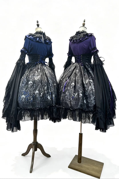 【11月25日予約締切】Gothic Lolita Frill Lace Puff Sleeve Satin Shirt + Skeleton Lace Layered Corset Skirt + Detachable Bell Sleeves + Bonnet Set