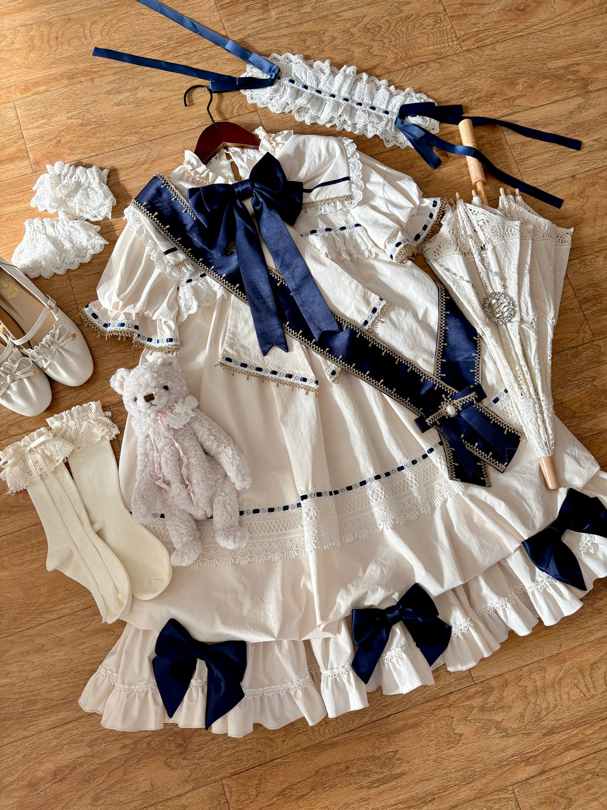 【9月19日予約締切】Pink x Beige / Dark Blue x Beige Doll Style Sweet Lolita Bow Lace Puff Sleeve Dress + Dress Set + Full Set