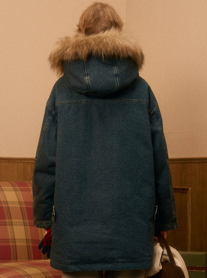 Retro Fur Hooded Denim Coat