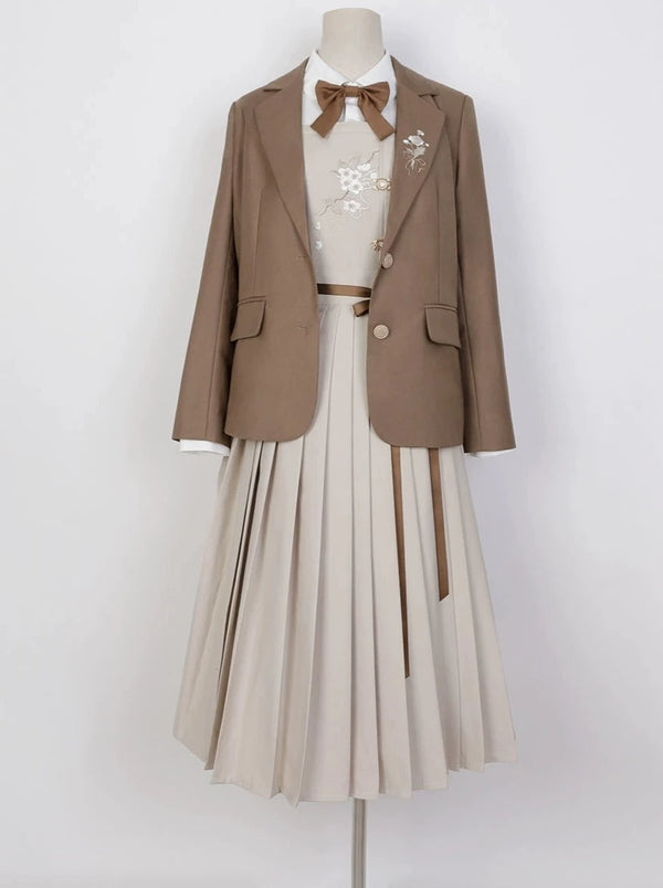College Style Jacket + Suspender Skirt + Ribbon Blouse