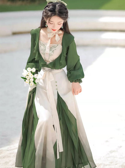 Innovative Green Ruffle Chaina Three Piece Suit