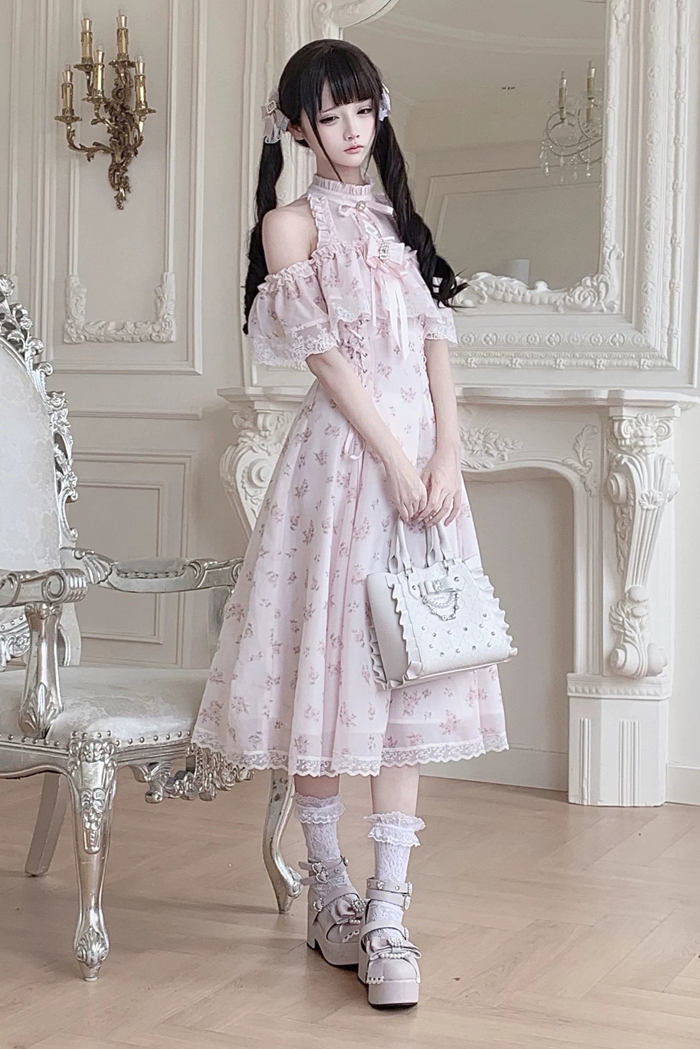 【6月15日予約締切】ピンクフローラルシフォンレースジュエルリボンオープンショルダーロングドレス