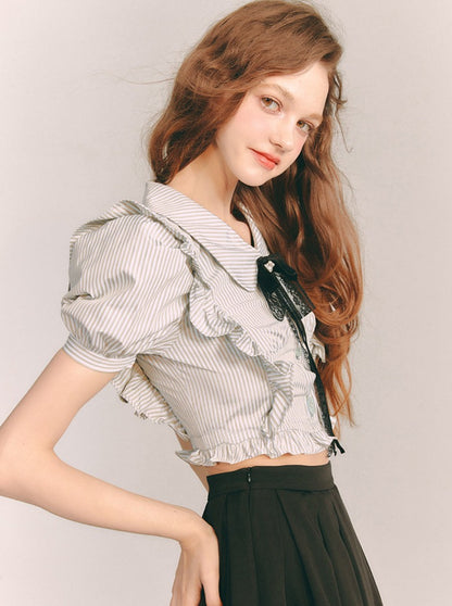 Striped frill lace ribbon shirt