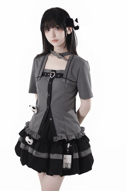 Plaid College Shirt + Shirt + Puff Skirt