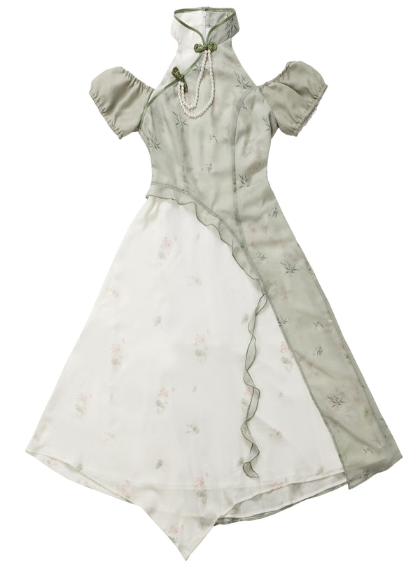 グリーンフローラルチャイナパールアシメワンピ&セットアップ