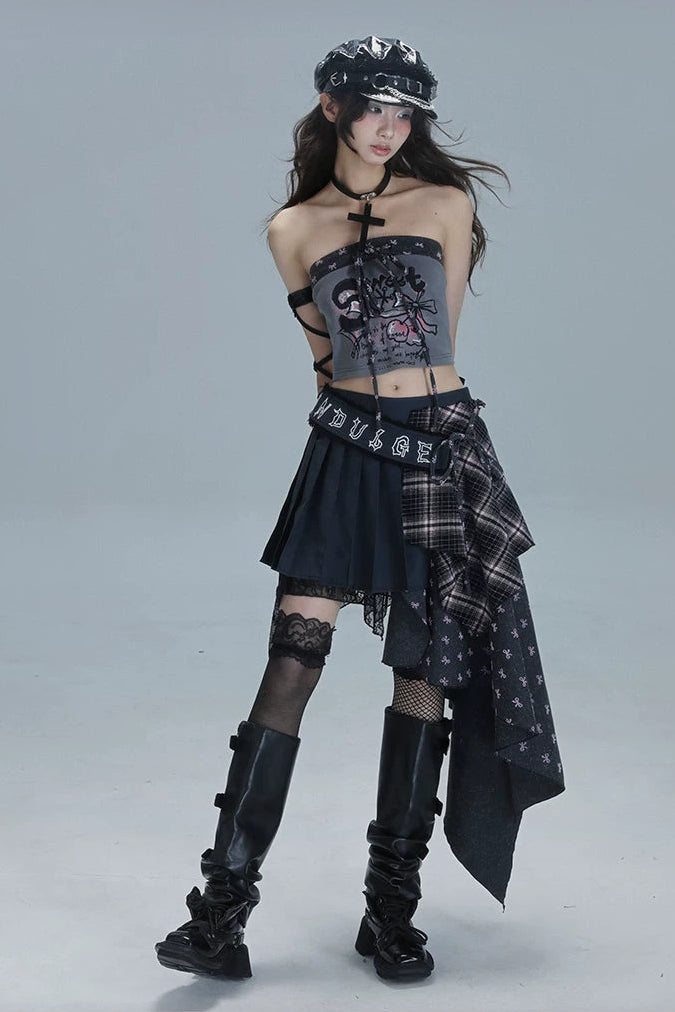 Y2Kパッチワークプリンテッドチューブトップ