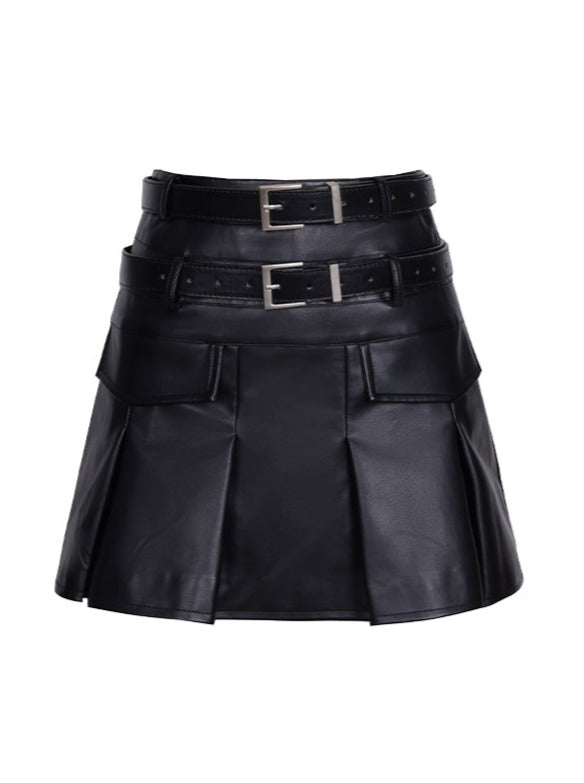 Retro high-end double belt leather skirt