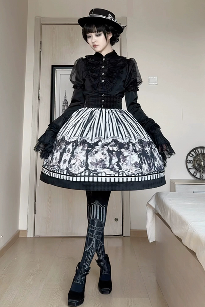 【10月3日予約締切】Black/White Elegant Gothic Series Accessories(Black Butterfly Print Striped Ribbon Hat, Black Rose Ribbon Brooch, Ribbon KC, Hair Clip Pair, Bonnet)