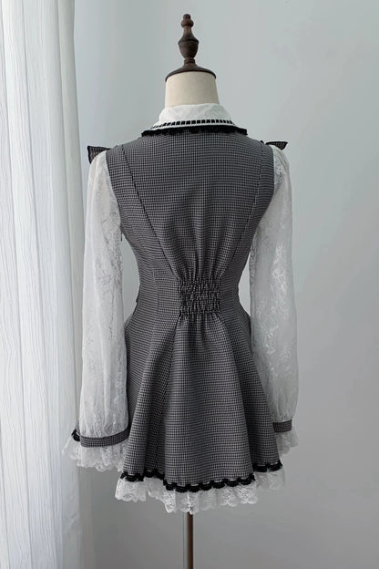 [Pre-order Deadline: November 15] Houndstooth Lace Sleeve Ruffle Dress + Matching Shorts + Pearl Ribbon Set