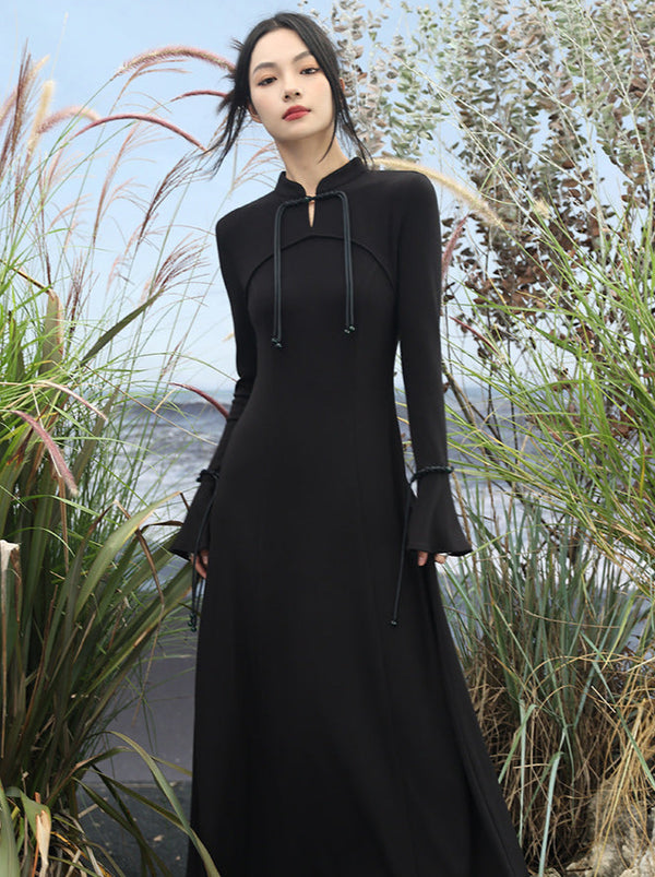 レトロチャイナバックルベルスリーブニットロングドレス