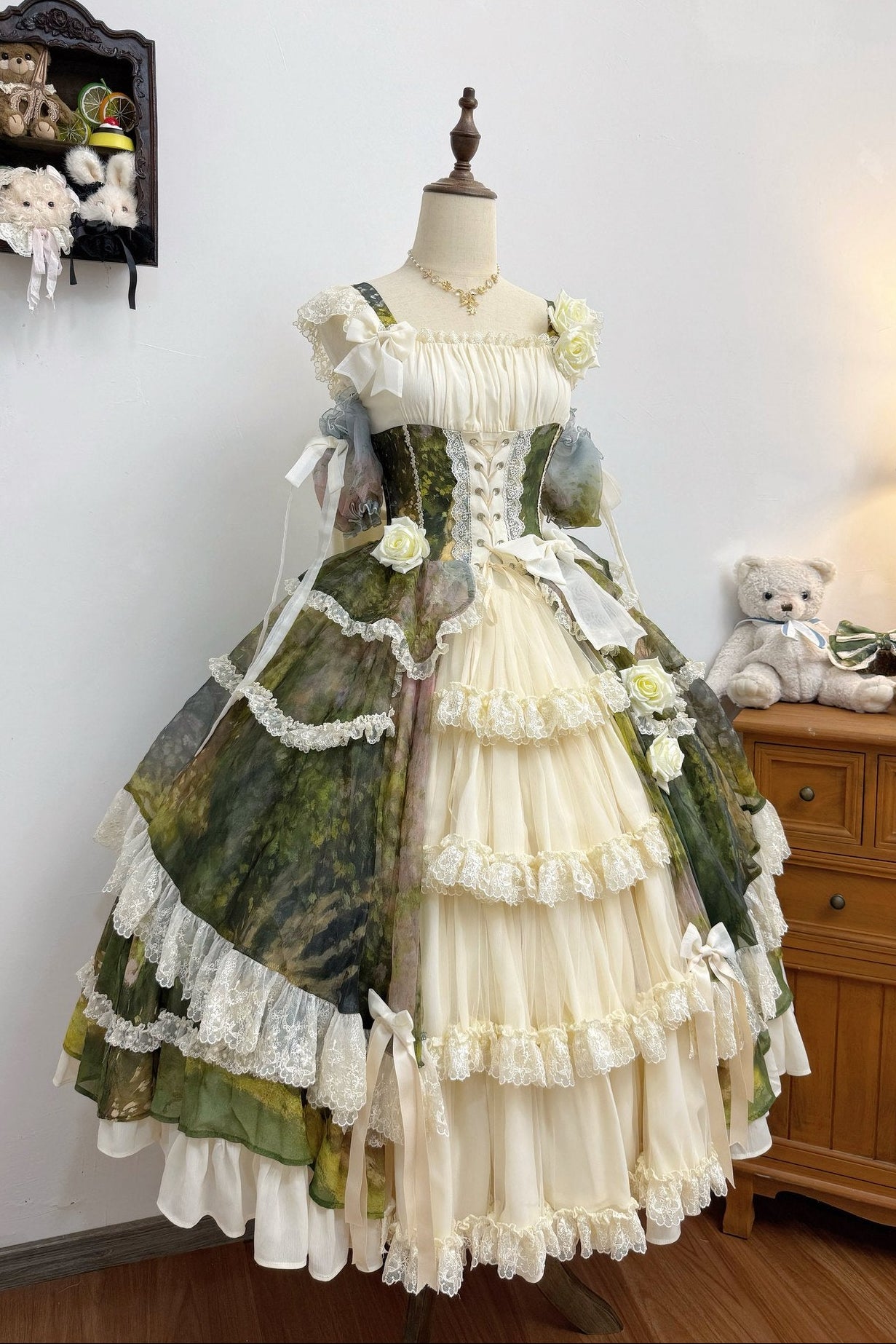【8月23日予約締切】Elegant Forest Floral Oil Painting Print Classical Lolita Tiered JKS Dress Type 1/2