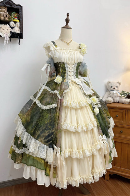 【8月23日予約締切】Elegant Forest Floral Oil Painting Print Classical Lolita Tiered JKS Dress Type 1/2