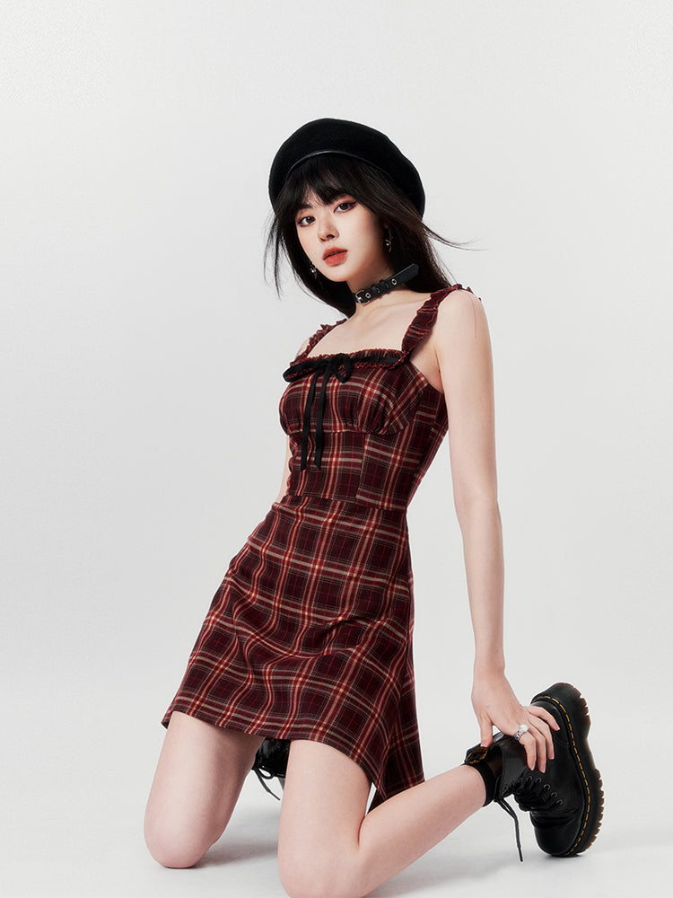 French Retro Check Ilehem Frill Ribbon Sas Dress