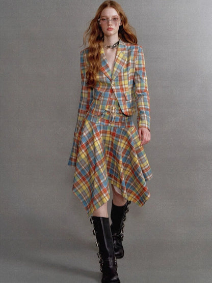 Retro Check Waist One Button Blazer Irregular Skirt Suit