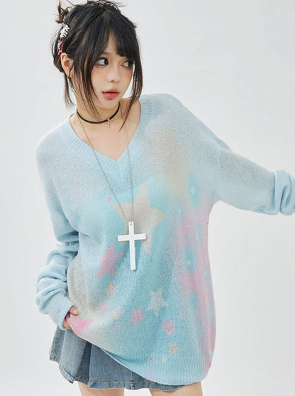 Tie-Dye Star V-Neck Over Sweater