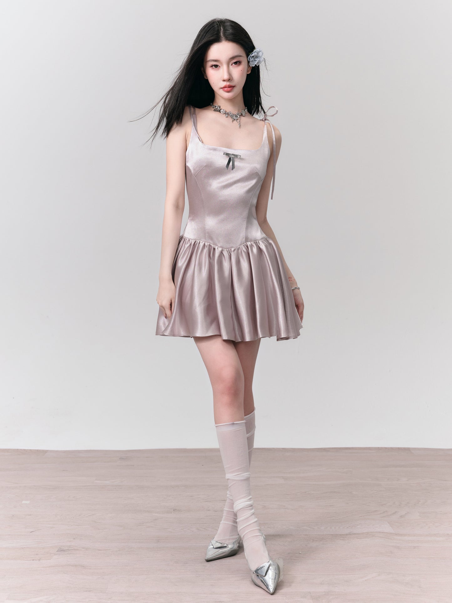 Fragileheart Fragile Shop Champagne Latte Original Silver Pink Tone Streamer Slip Dress Resort Princess Dress