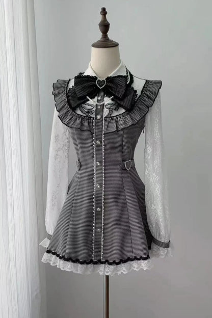 [Pre-order Deadline: November 15] Houndstooth Lace Sleeve Ruffle Dress + Matching Shorts + Pearl Ribbon Set
