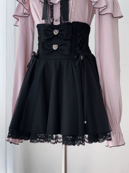 [Termine prenotazione 29 settembre] Blusa rosa in pizzo trasparente con volant e fiocco gioiello + gonna a sirena in tulle a strati + minigonna in pizzo con fiocco gioiello