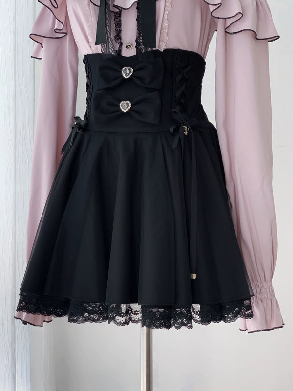 [Pre-order Deadline: September 29] Pink Sheer Lace Ruffle Blouse with Jewel Ribbon + Tulle Layered Mermaid Skirt + Jewel Ribbon Lace Mini Skirt