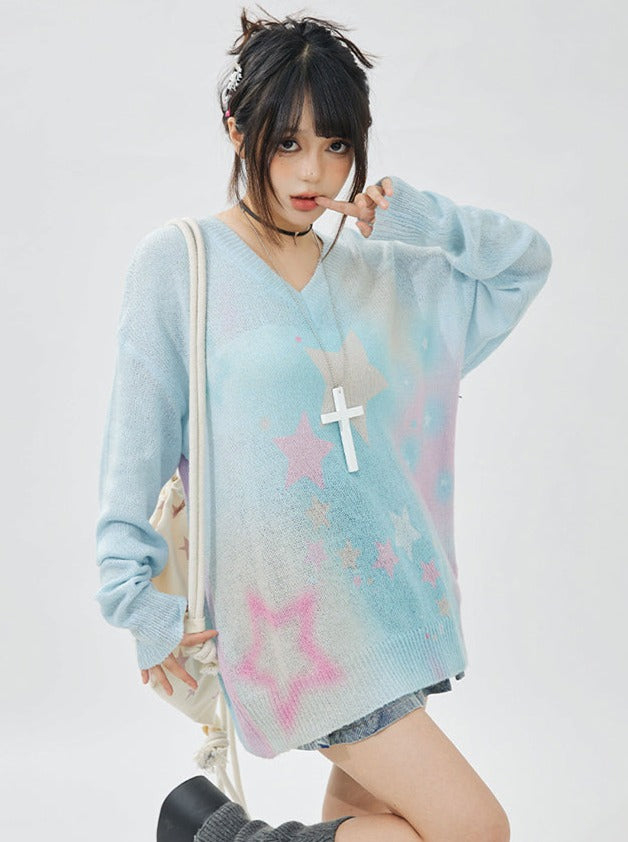 Tie-Dye Star V-Neck Over Sweater