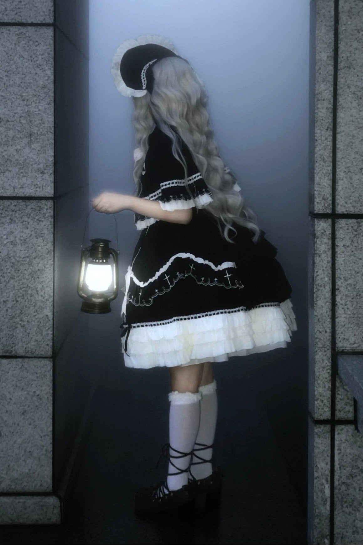 【10月4日予約締切】Black Pink Gothic-Inspired Sweet Lolita Ribbon Ruffle Dress＋Cross Embroidery Ribbon Cape