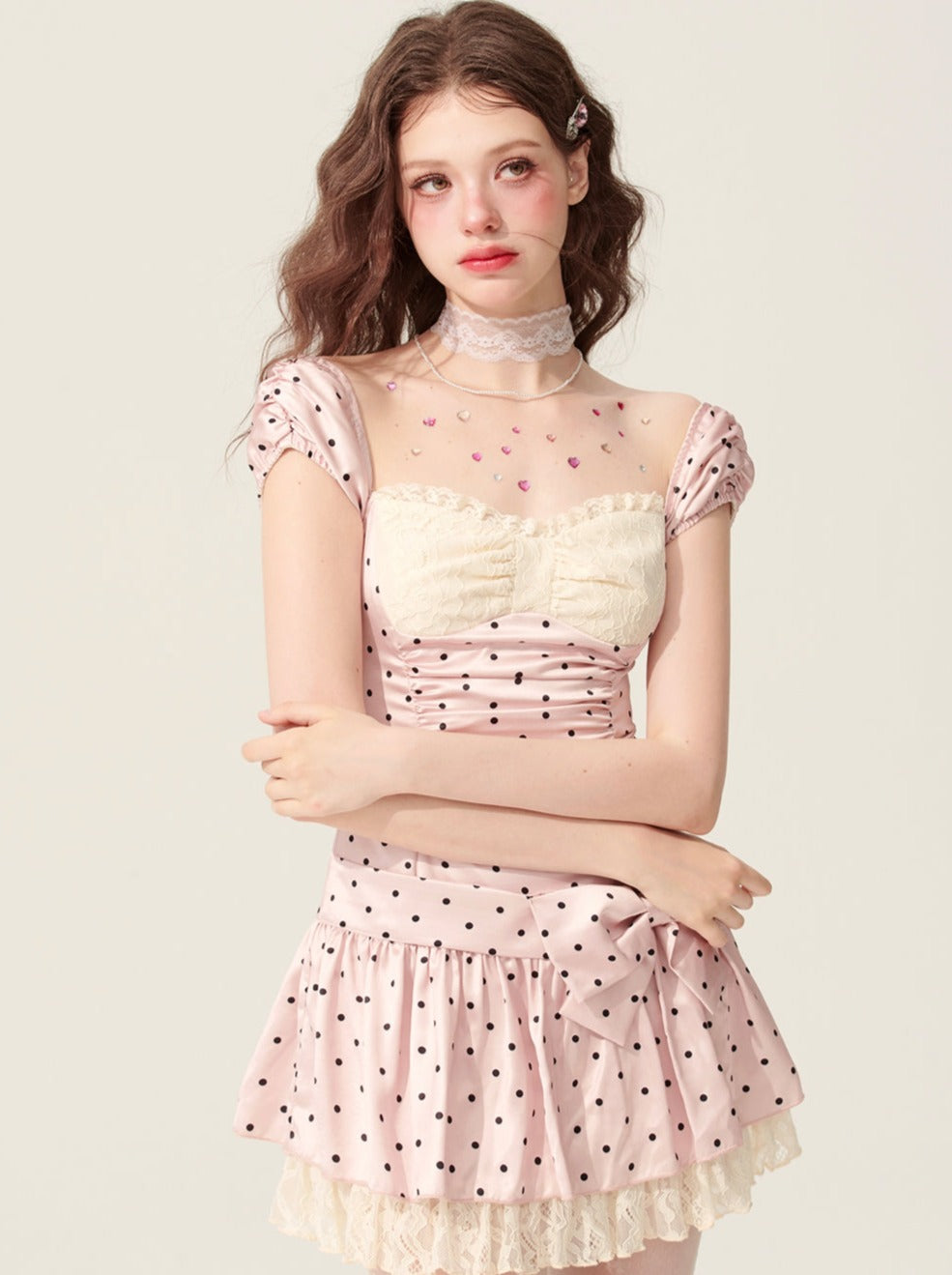 [5 月 31 日 20 时发售] 少眼粉色雾状捏花白色粉色连衣裙女式夏季短裙圆点图案