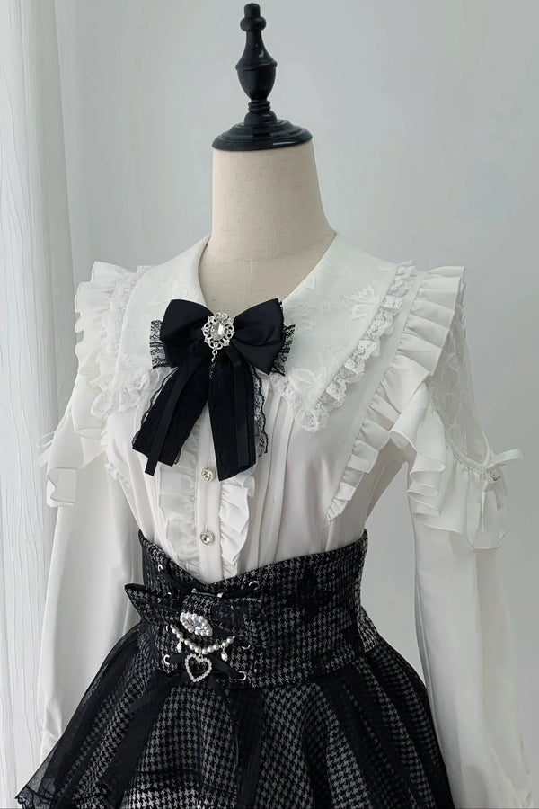【11月15日予約締切】White Ruffle Trim Lace Sleeve Blouse＋Black White Pearl Bow Tiered Houndstooth Skirt＋Rhinestone Lace Ribbon Brooch
